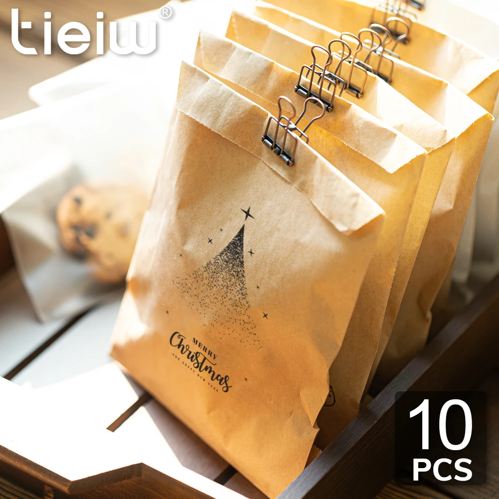 10Pcs Merry Christmas Tree Candy Cookies Favor Bags New Year Party Treat Small Kraft Paper Bag