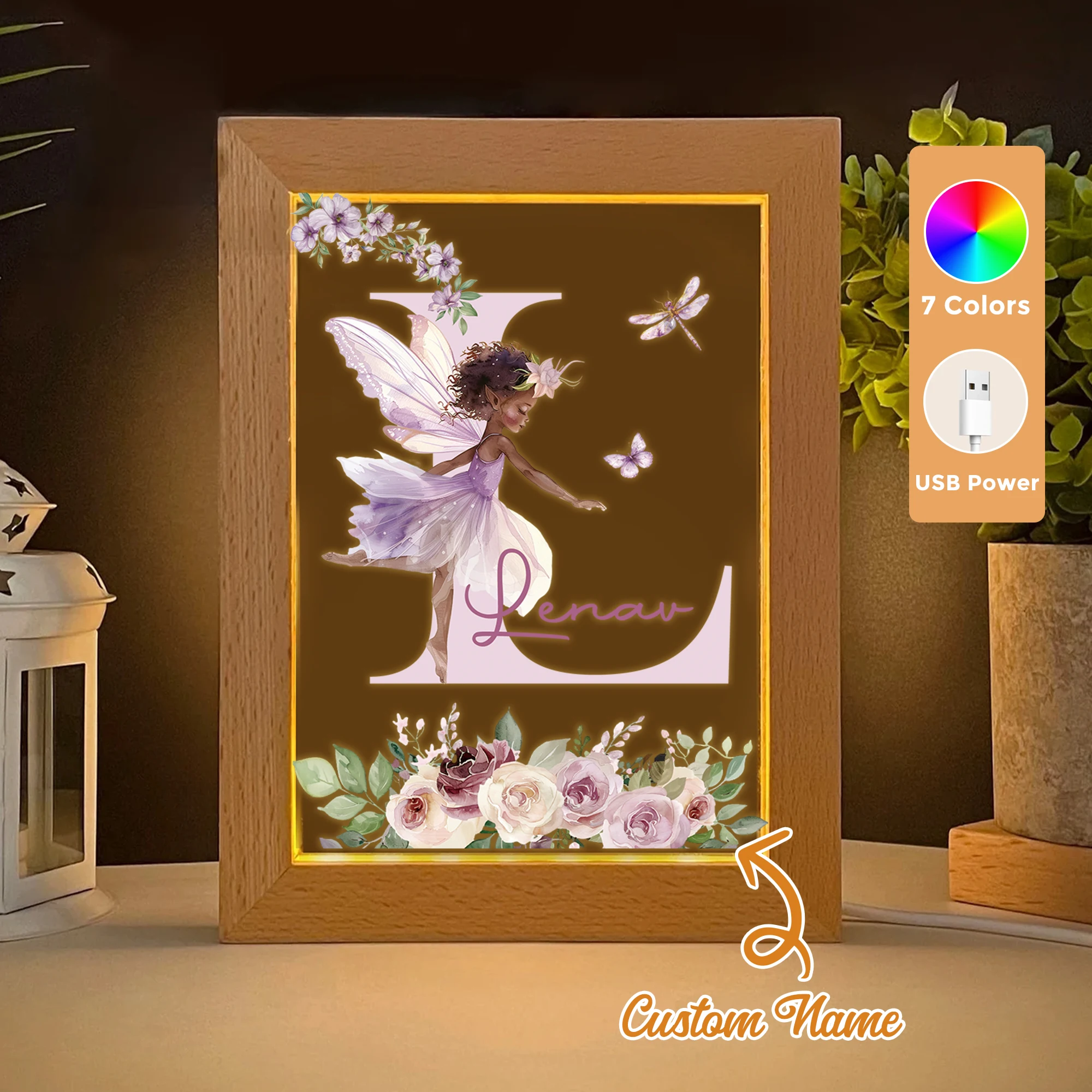 

2D Flat Custom Name Purple Fairy LED Acrylic Night Light Wood Photo Frame 21x17cm Cartoon Children Bedroom Gifts Home Decor Gift