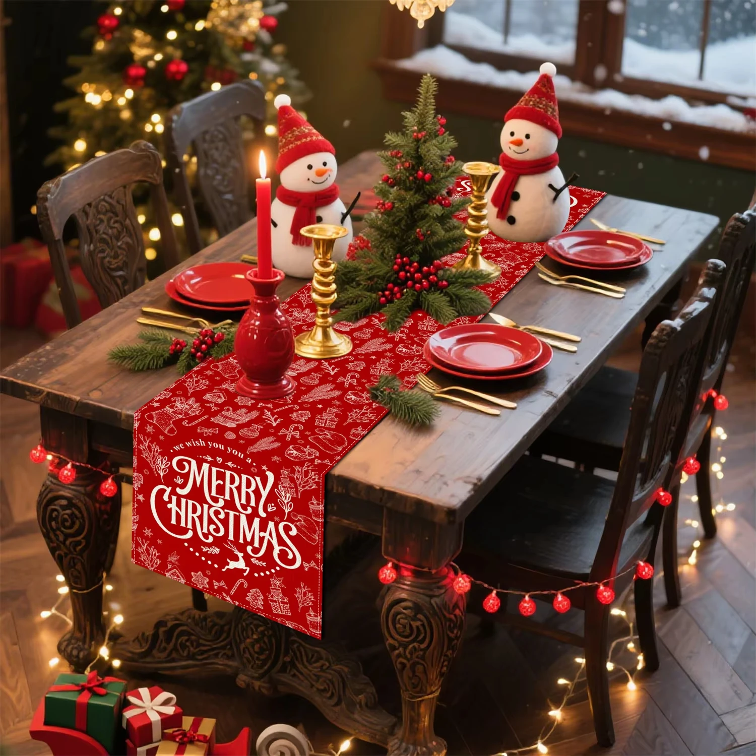 Eleganter Tischläufer „Merry Christmas“. |   Festliche Feiertagsdekoration für Küche, Esstisch und Heimparty