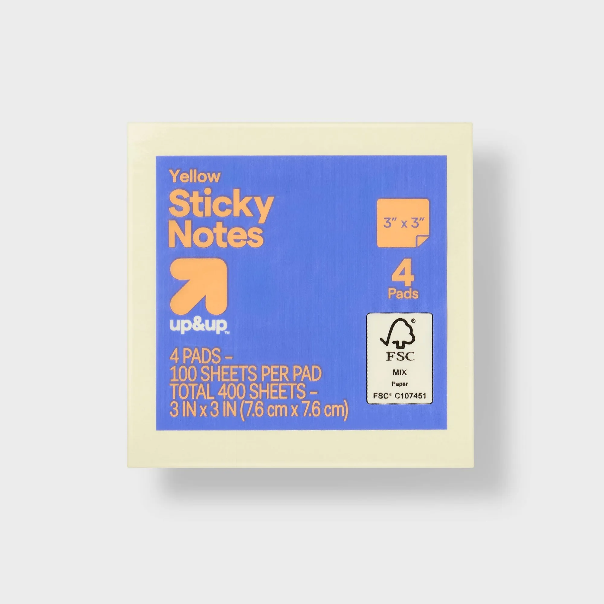 Sticky Notes Cube 3" x 3" 4ct Yellow: 400 Sheets, Multicolor, Office Supplies, Uncoated Paper