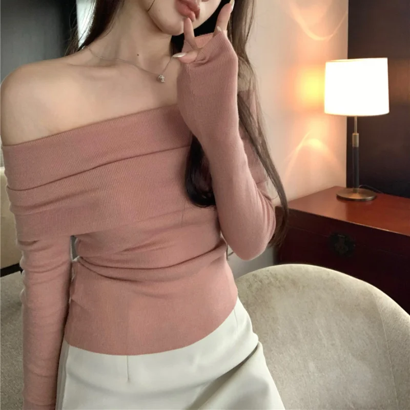 Black Solid Off Shoulder Elegant Long Sleeve Tops Korean Fashion Slim Sexy Cropped T Shirt Women Autumn Y2k Clothing Skinny Top