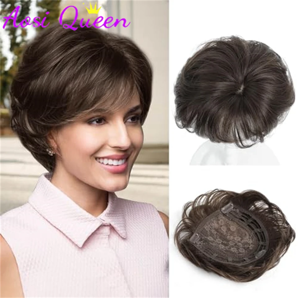 

AOSI 13CM*15CM Women's Short Hair Topper Fluffy Synthetic Hairpin Top Wavy Hair Piece Brown Replacement Wig