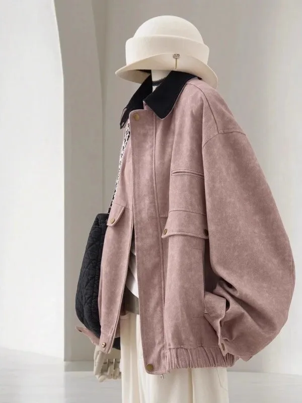 

Розовый джет большого размера в Корейском стиле с воротником-стойкой, осень-зима, модная верхняя одежда High Faion Sense для женщин