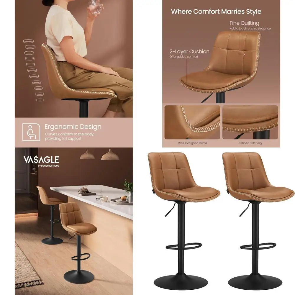 

Комплект из 2-х поворотных барных стульев, регулируемая высота, искусственная кожа, со спинкой и подставкой для ног, подходят для кухни и обеденной зоны.