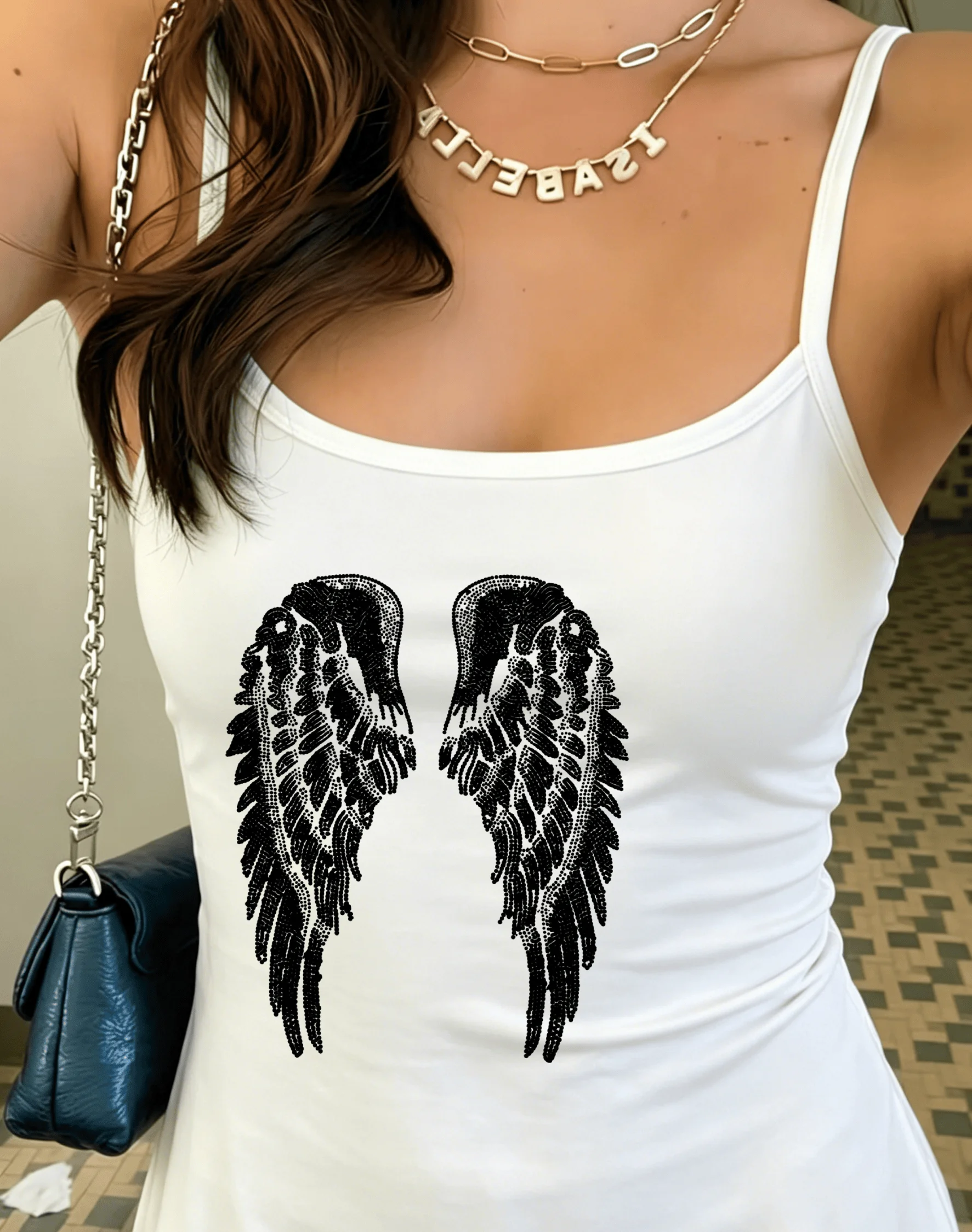 Vintage Distressed Angel Wings Graphic Print Spaghetti Strap Camisole Women Sleeveless Slim Tank Top Retro Street Casual Vest