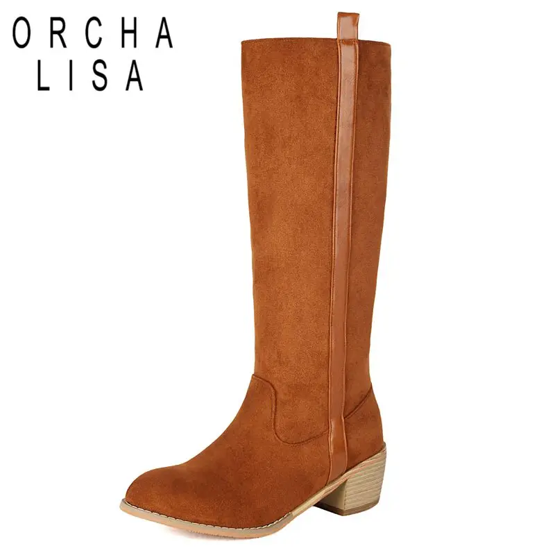 

ORCHA LISA Брендовые женские сапоги до колена для отдыха из флока, замша, круглый носок, массивные каблуки 5 см, слипоны, большой размер 44 45 46, повседневные ботильоны