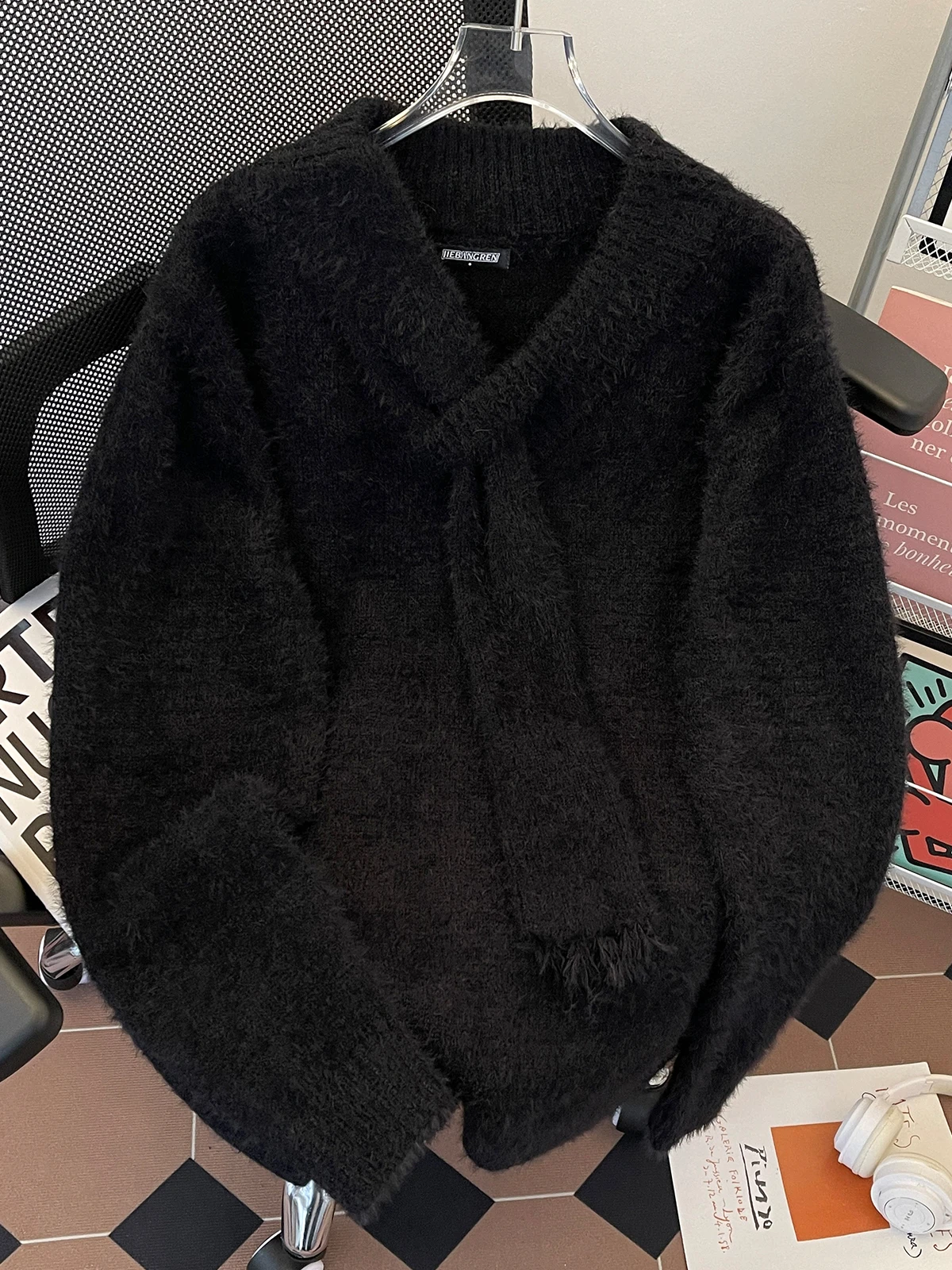 Maglieria tagliente oversize attaccata con sciarpa da uomo autunno inverno pelliccia di visone maglione con scollo a V soffice maglione streetwear invecchiato pullover