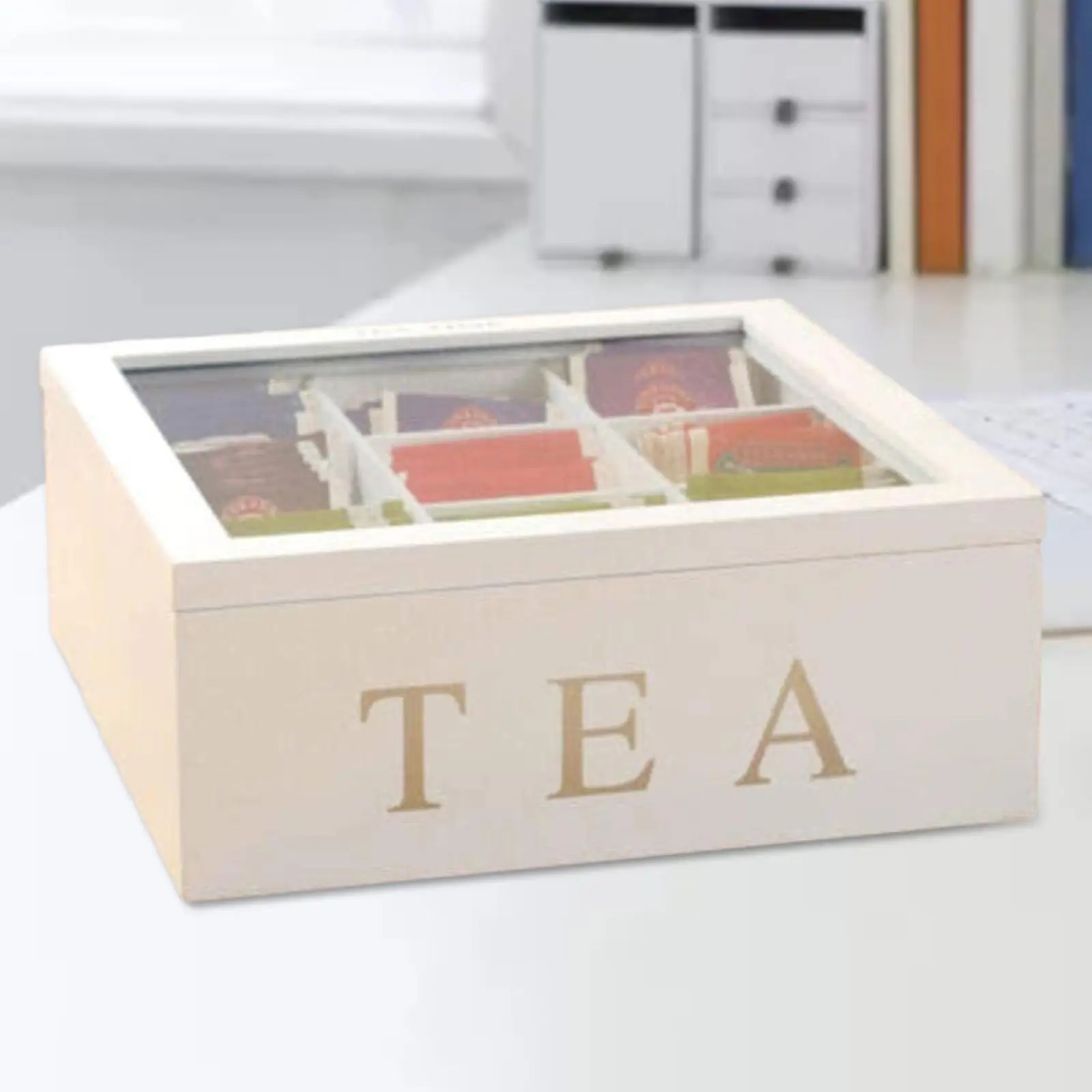 Holder Organizer 9 Compartment Box with Viewing Window Wooden Tea Storage Box