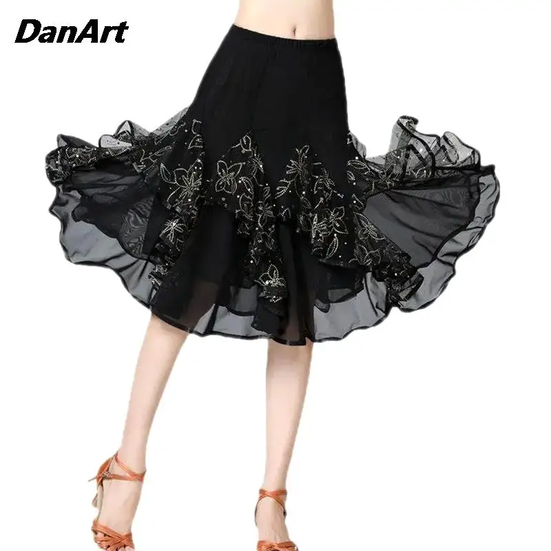 

Elegant Large Swing Skirt Dance Competition Performance Dress Mesh Sequin Dance Dress Square Dance Uniform Social Dance Dress