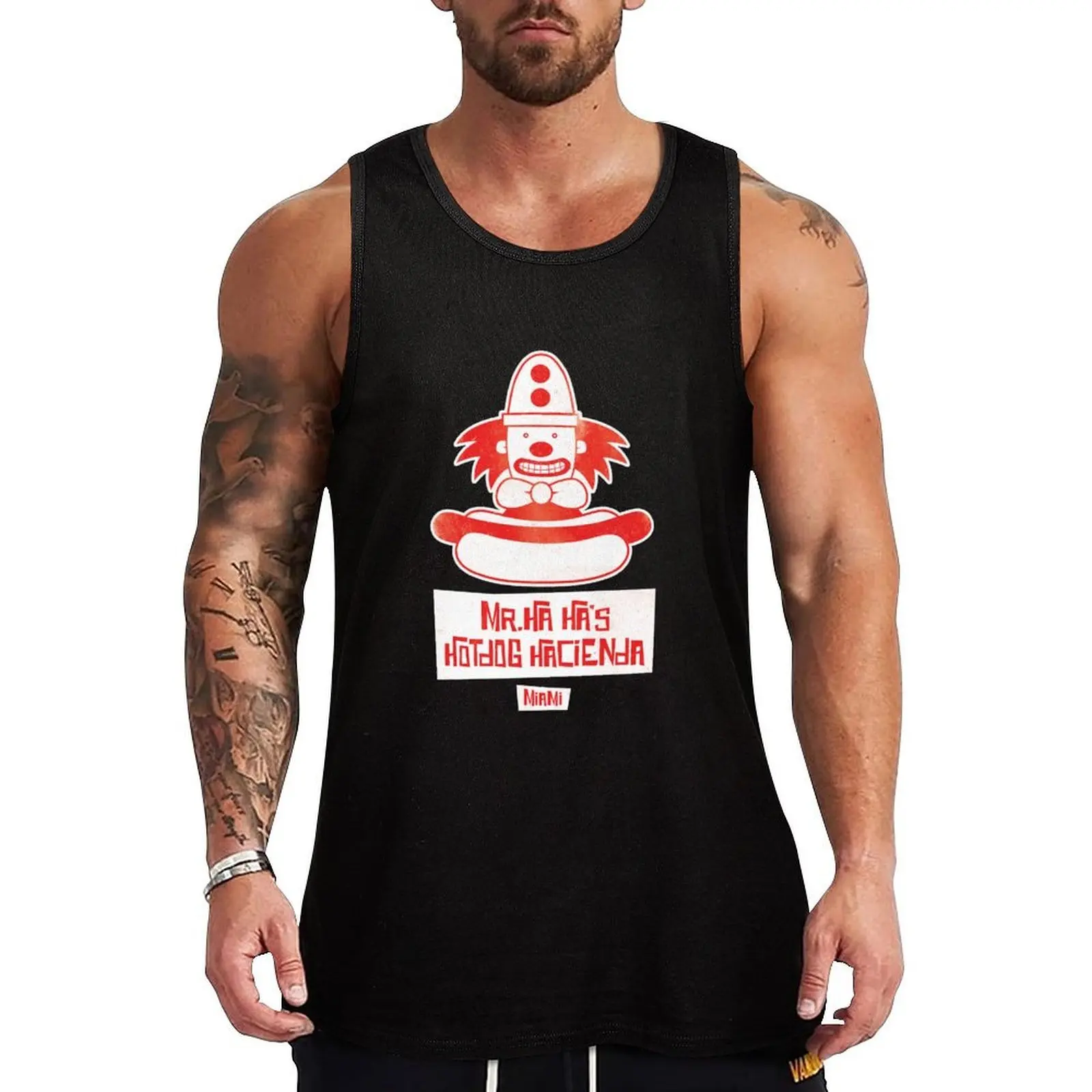 Camiseta sin mangas con estampado artístico de Mr. Ha Ha's Hotdog Hacienda, camiseta sin mangas con gráfico creativo