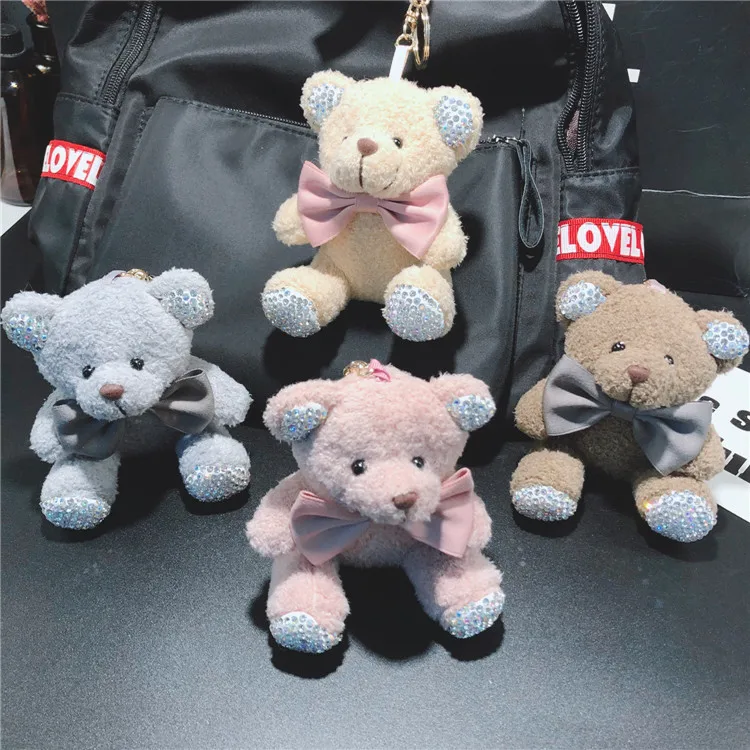 

Cute Plush Teddy Sitting Bear Keychain Water Diamond Doll Car Keychain Ring Women's Bag Pendant