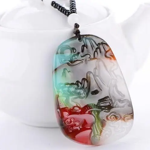

Natural Jade Xinjiang Hetian Jade Landscape Pendant, Colored Jade High Mountain and Flowing Water Pendant Pendant for and Women