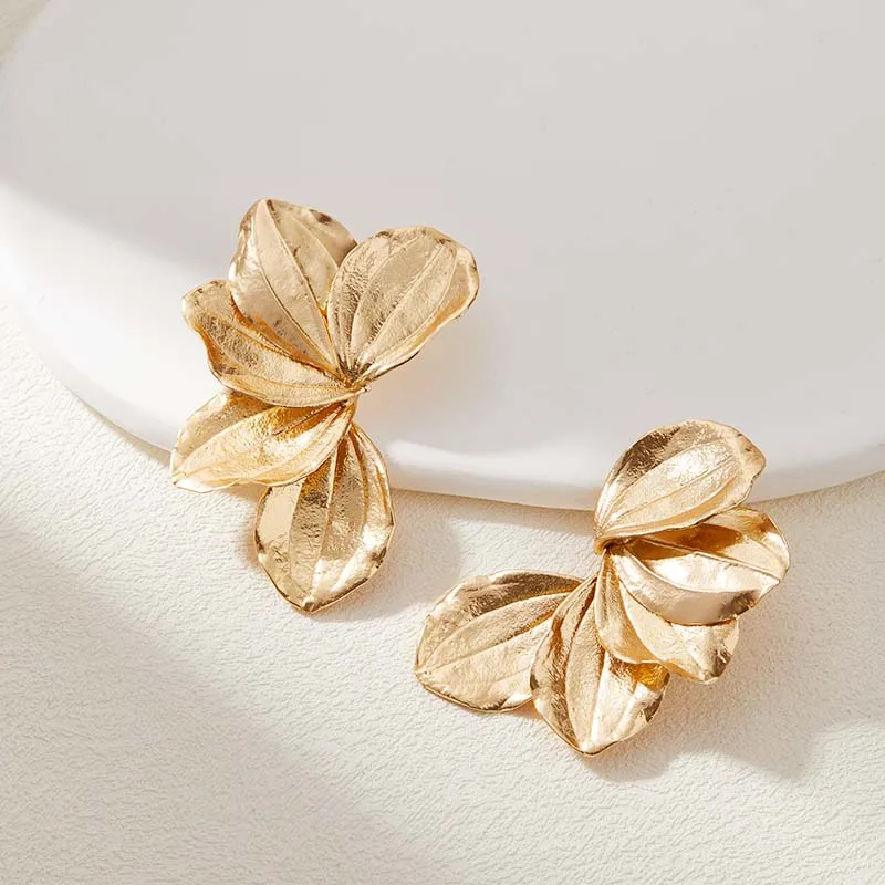 Exclusive Design New Autumn Gold-Plated Textured Leaf Ring Earring Set 2025 Art-Inspired Bohemian Botanical Nature Jewelry