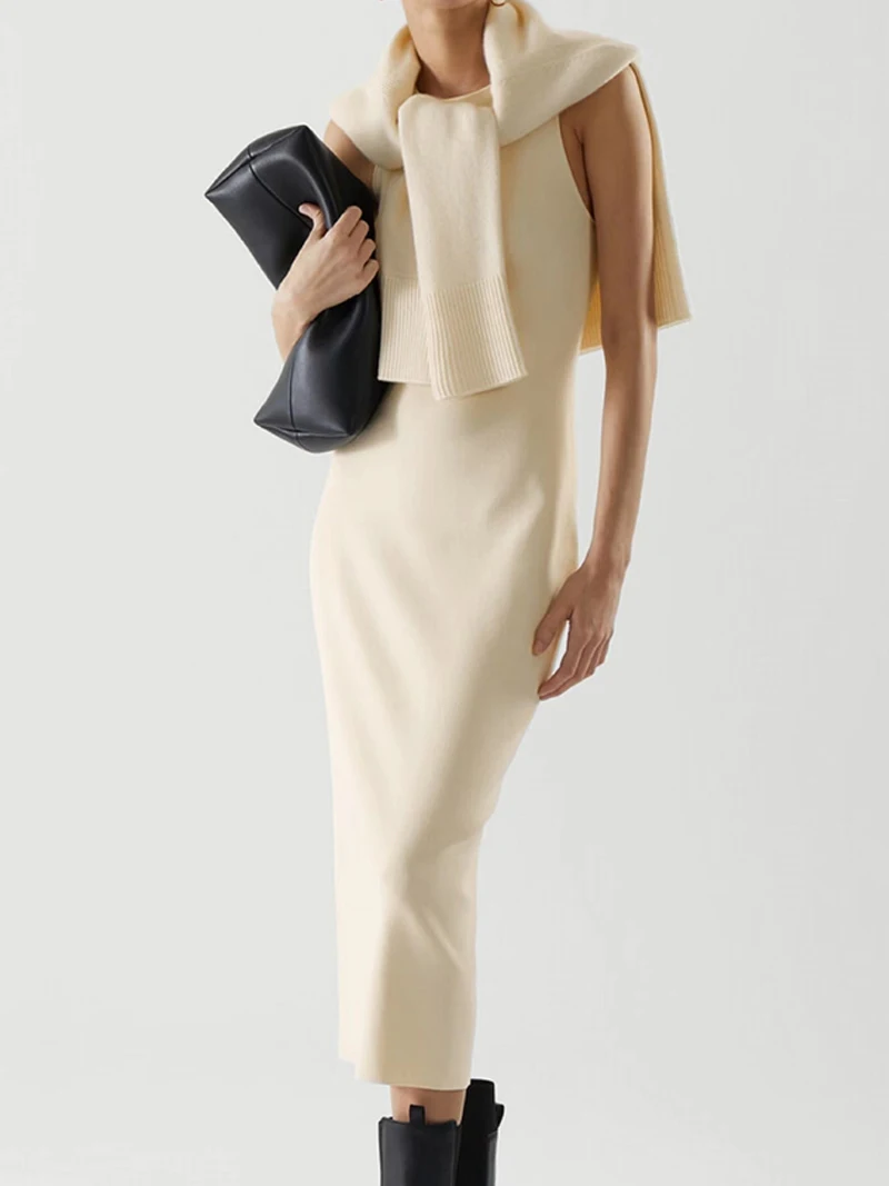 Vestidos ceñidos al cuerpo de verano N578, vestido largo ajustado de punto para mujer, vestido minimalista elegante de oficina sin mangas con cuello redondo, vestido informal sin mangas