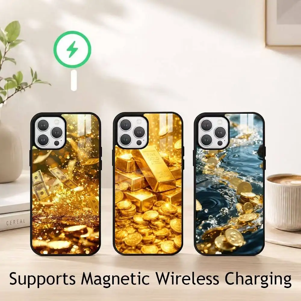 Wealth Art Dazzling G-Gold gift Phone Case For iPhone18,17,16,15,14,13,12,11 Plus,Pro Supports Magnetic Wireless Charging