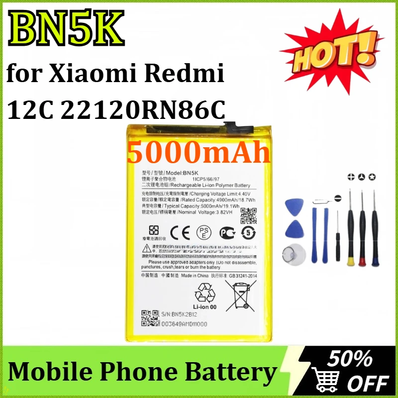 

Newly Upgraded BN5K 5000mAh Mobile Phone Battery for Xiaomi Redmi 12C 22120RN86C High Quality Replacement Batteries