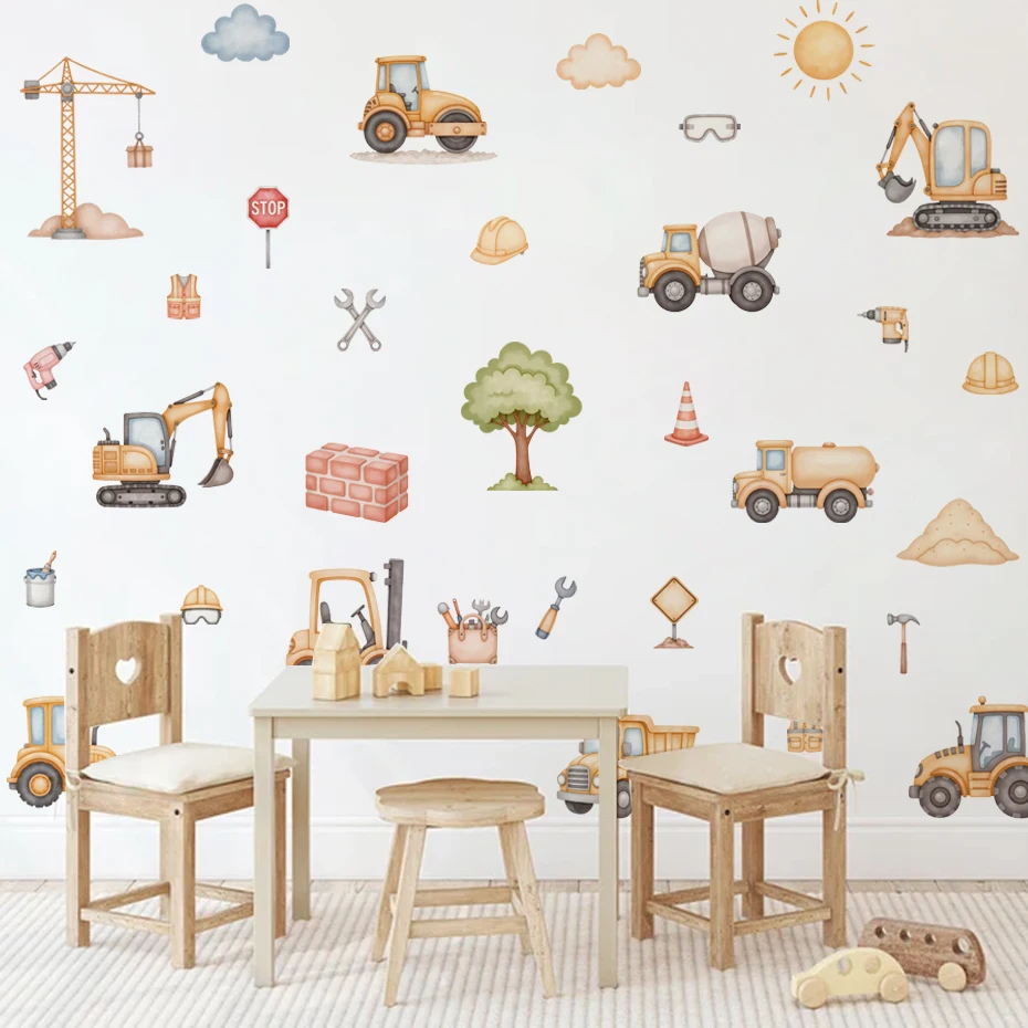 Cartoon Construction Vehicle Construction Tools Wall Stickers Child Room Boy Room Decoration Nursery Baby Room Decoration Decal