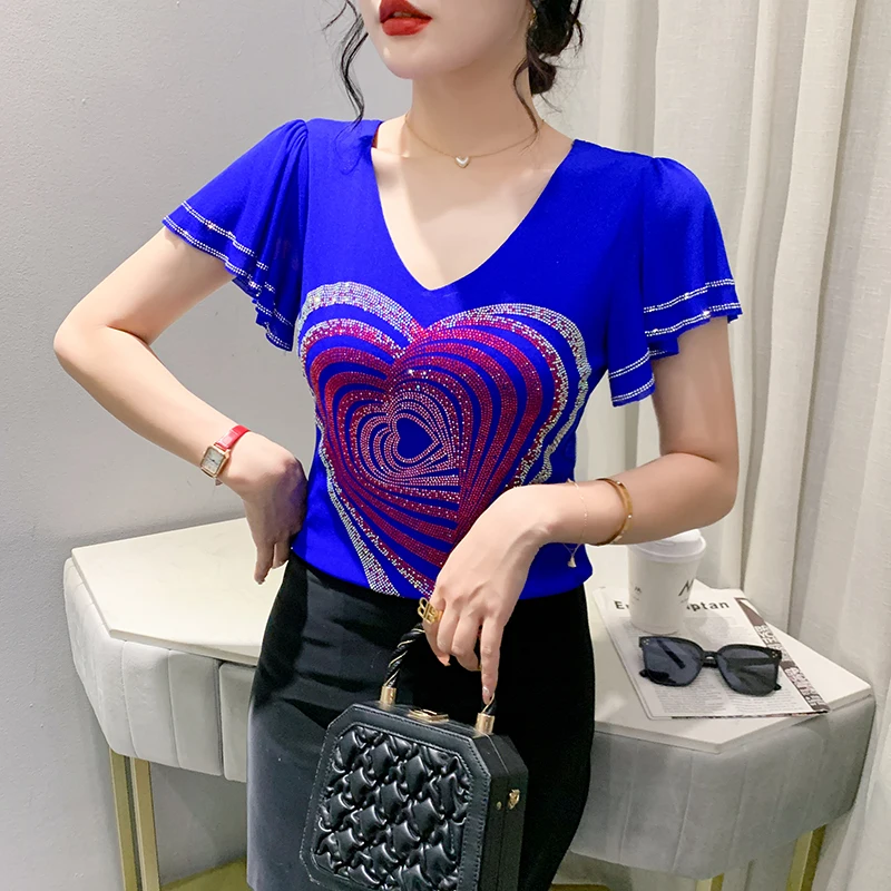 SALE Summer Short Sleeved V-Neck Women's T-Shirt Elegant Slim Hot Diamond Mesh Tops