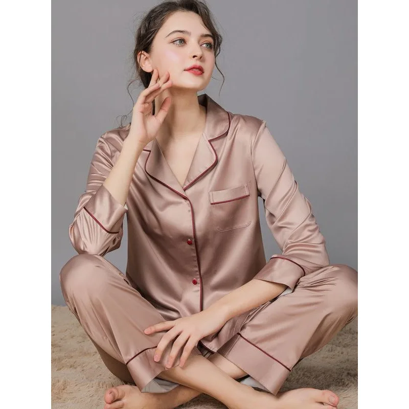 Women 2 Pieces Mulberry Silk Pajama Set Long Sleeve Top & Pants Ice Silk Loungewear Luxury Sleepwear Spring Autumn Casual Home C