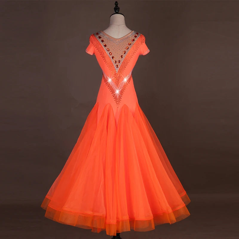 Adult Ballroom Competition Dance Dresses New Style Custom Made Black Orange Short Sleeve Waltz Ballroom Dancing Dress