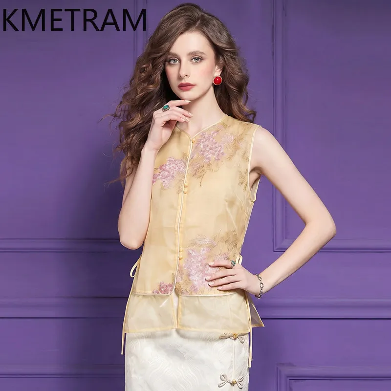 KMETRAM New Chinese Style Vest Women Embroidered Sleeveless Sheer Summer Tops Casual Tanks Top Woman Clothes 2026 топ женский