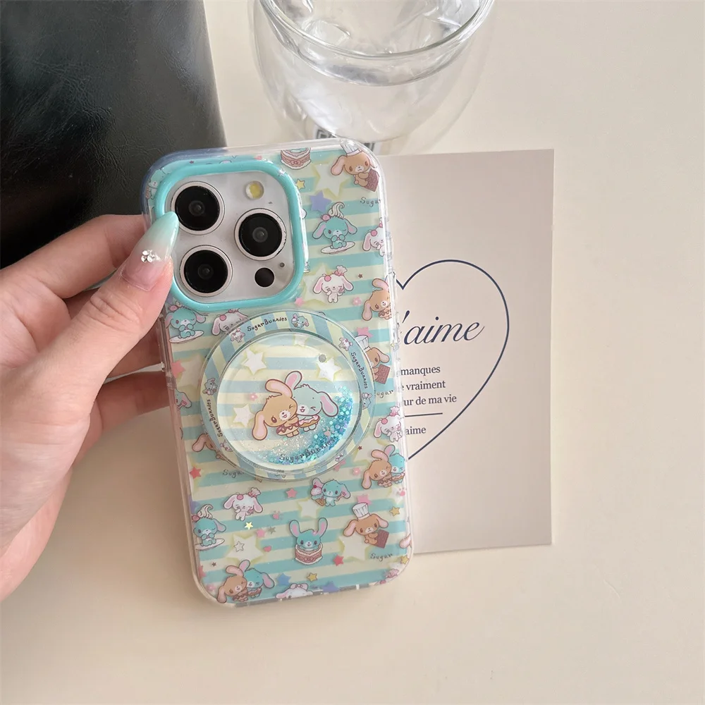 

Korean cute star rabbit magnetic quicksand stand phone case for iPhone 13 14 15 16 Pro Max Fundas with Magsafe protective cover