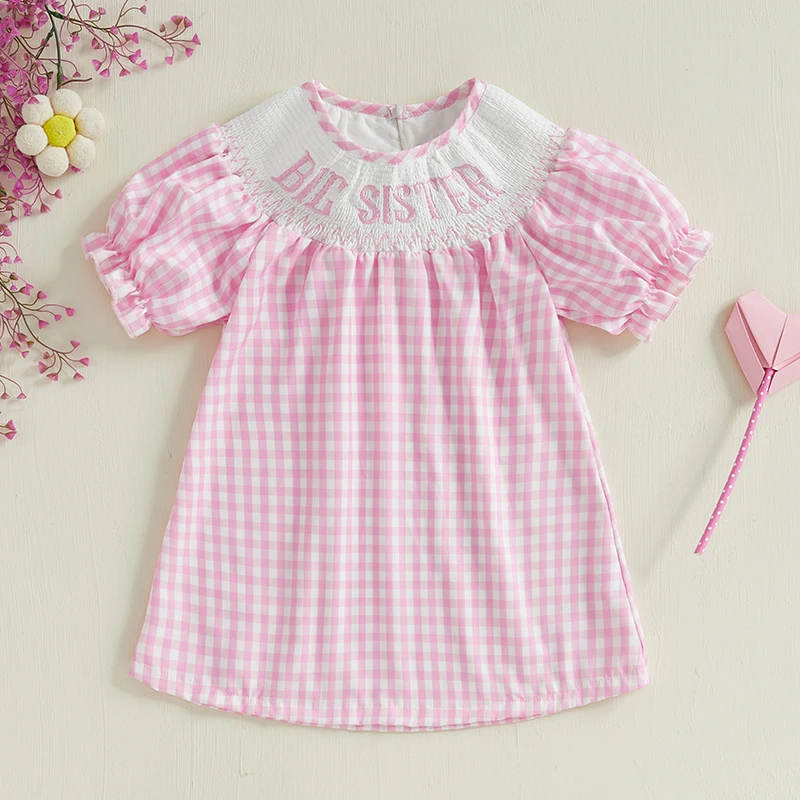 Baby Girls Plaid Smocked Princess Dress Puff Short Sleeve Letter Embroidery A-line Plaid Dresses Summer Matching Outfits