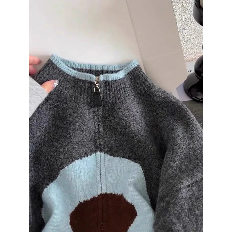YIBASHU Autumn Winter Contrast Color Sweater Coat Women Japanese Korean Style Loose Double Zipper Knitted Cardigan Jacket Female