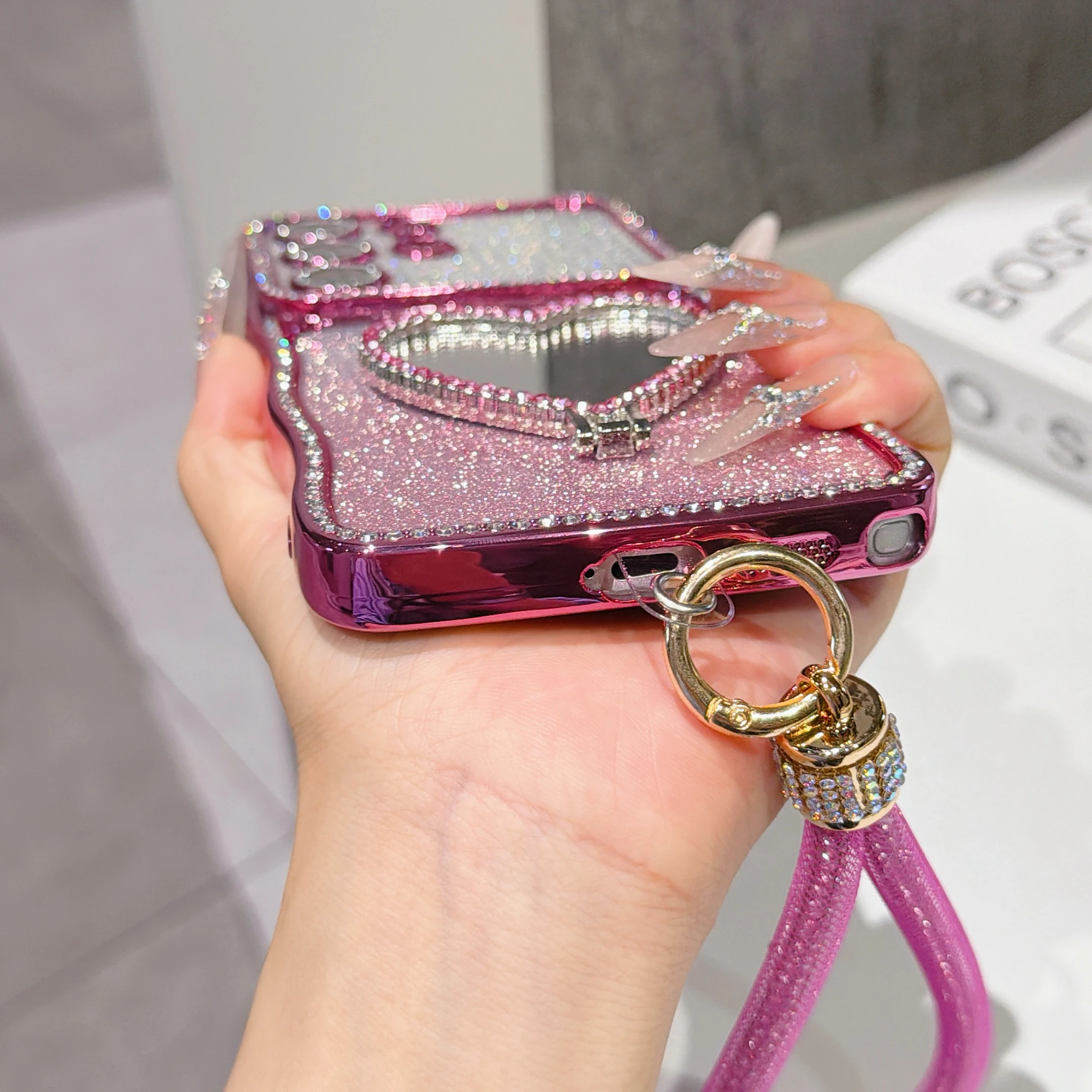 Gradient Glitter Rhinestone Phone Case For Samsung Galaxy S26 Ultra S25 S24 Plus Heart-shaped Mirror Stand Strap Bling Cover view 3