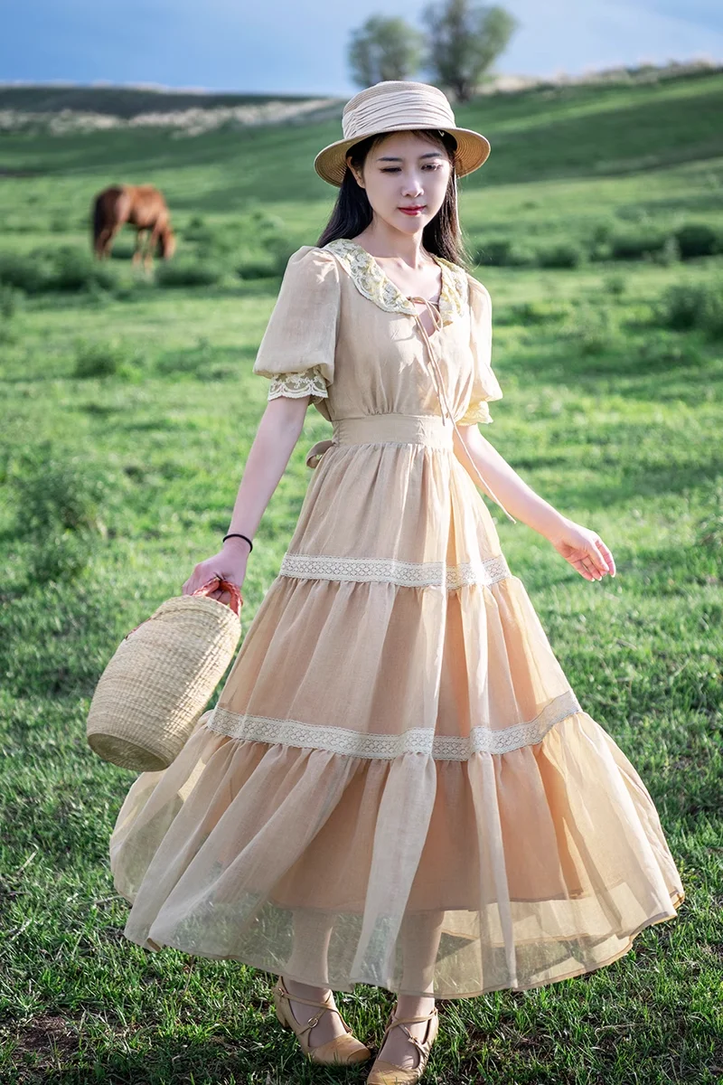 TIYIHAILEY Vintage Spring Linen Women Long Maxi Short Puff Sleeve Lace Patchwork Bandage Turn Collar Dress On Sale Ladies