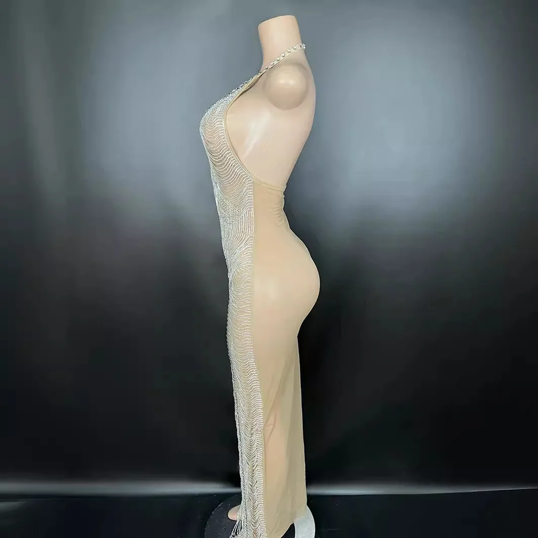 Woman'Sexy Prom Dresses Hand Drilling Neck Hanging Backless Long Dress Temperament Celebrity Walking On The Red Carpet SameStyle