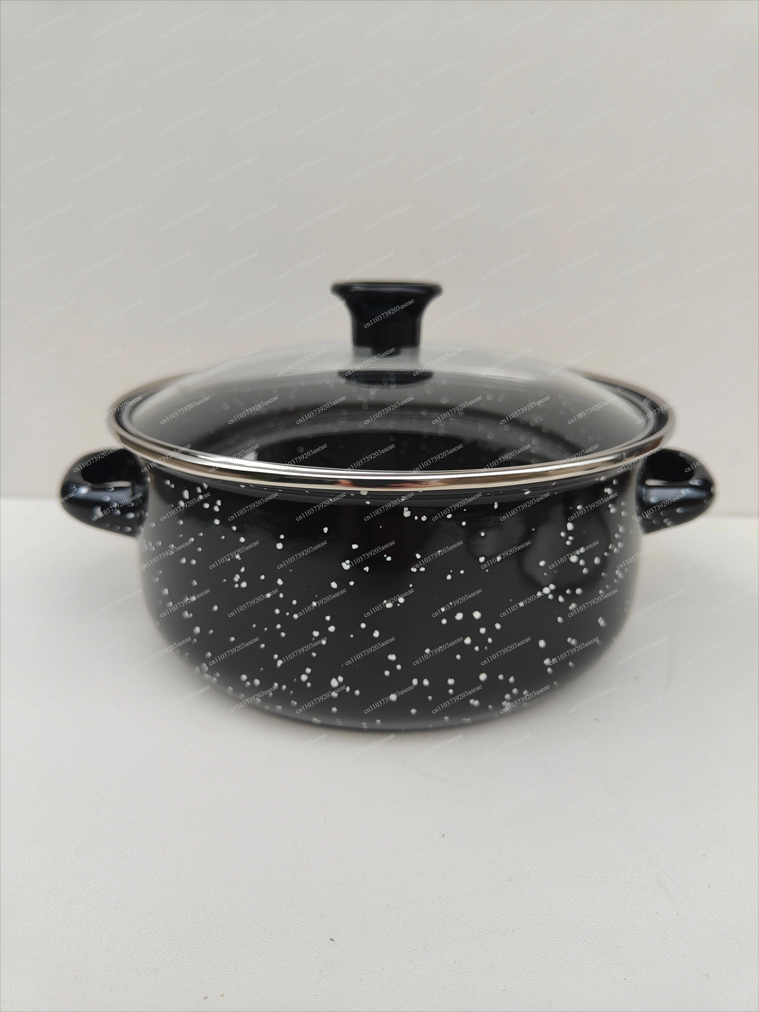 Vintage Household Enamel Soup Pot Double Handles Round Flat Bottom Cooking Pan With Transparent Glass Lid