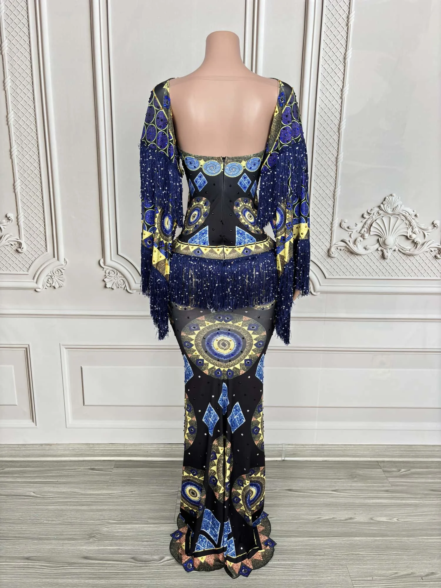 Clássico sexy impressão high-end vestido de noite borla elastano apertado encaixe vestido longo aniversário celebrar festa roupa chengbao