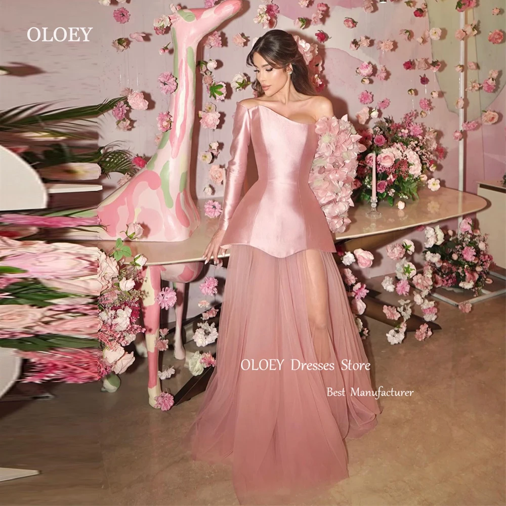 

OLOEY Elegant Dusty Pink Tulle Women Evening Dresses Long Sleeves Split Formal Occasion Party Dress Prom Gowns Outfit 2024