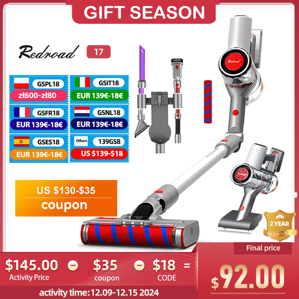 REDROAD 17 Cordless Vacuum Cleaner Handheld 450W 26.5 KPa Suction Power Multifunctional Brush LCD Color Screen Dual roller brush