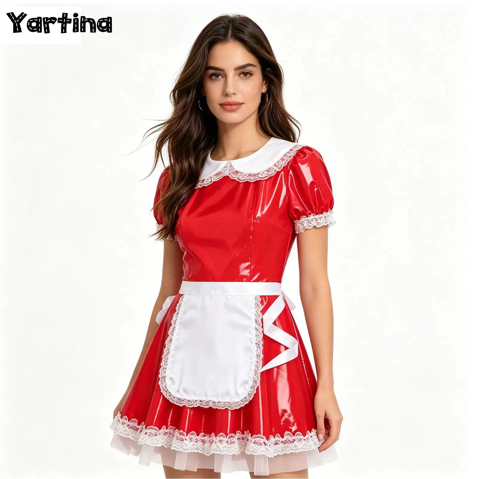 Damen Dienstmädchen-Cosplay-Kostüm, Latex-Dienstmädchenkleid mit Schürze, Puppenkragen, Puffärmel, Rüschen, Spitze, Lackleder, A-Linien-Kleid