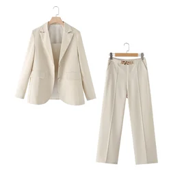 PB&ZA 2024 Spring New Women's Slim Fit Commuter Versatile Flip Collar, Suit, Bra, Strap, Wide Leg Pants Three Piece Set