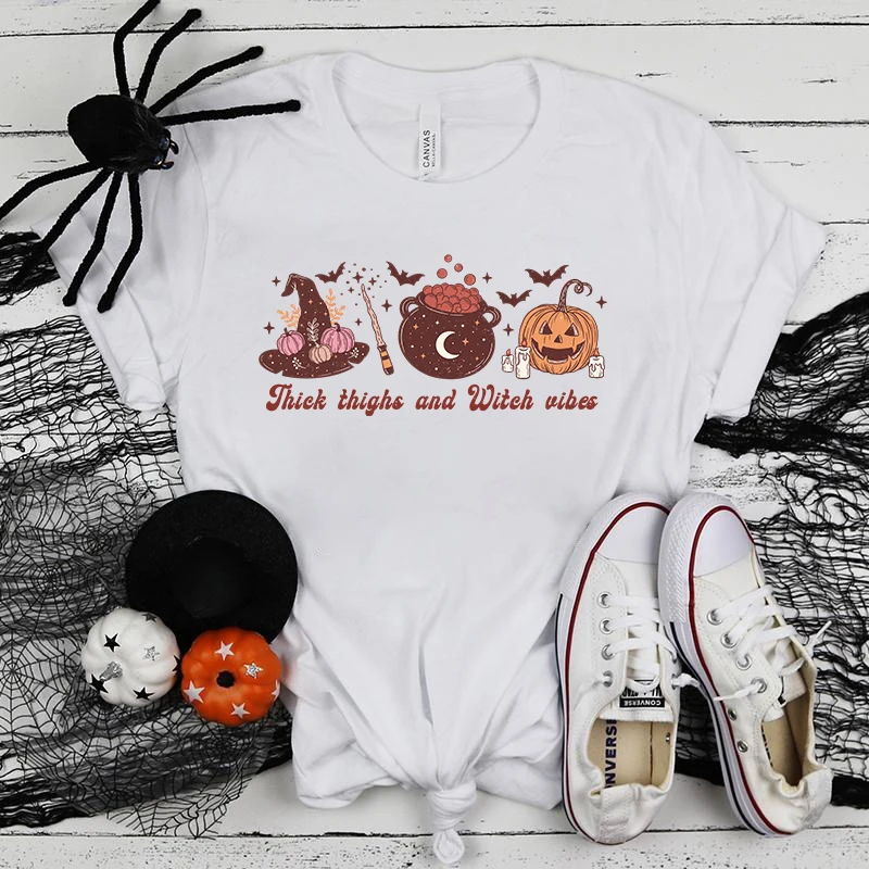 

(Premium T-shirt)Hot Halloween Thick Thighs And Witch Vibes Print T-Shirt Summer Casual Loose T Shirt Women Harajuku Shirts