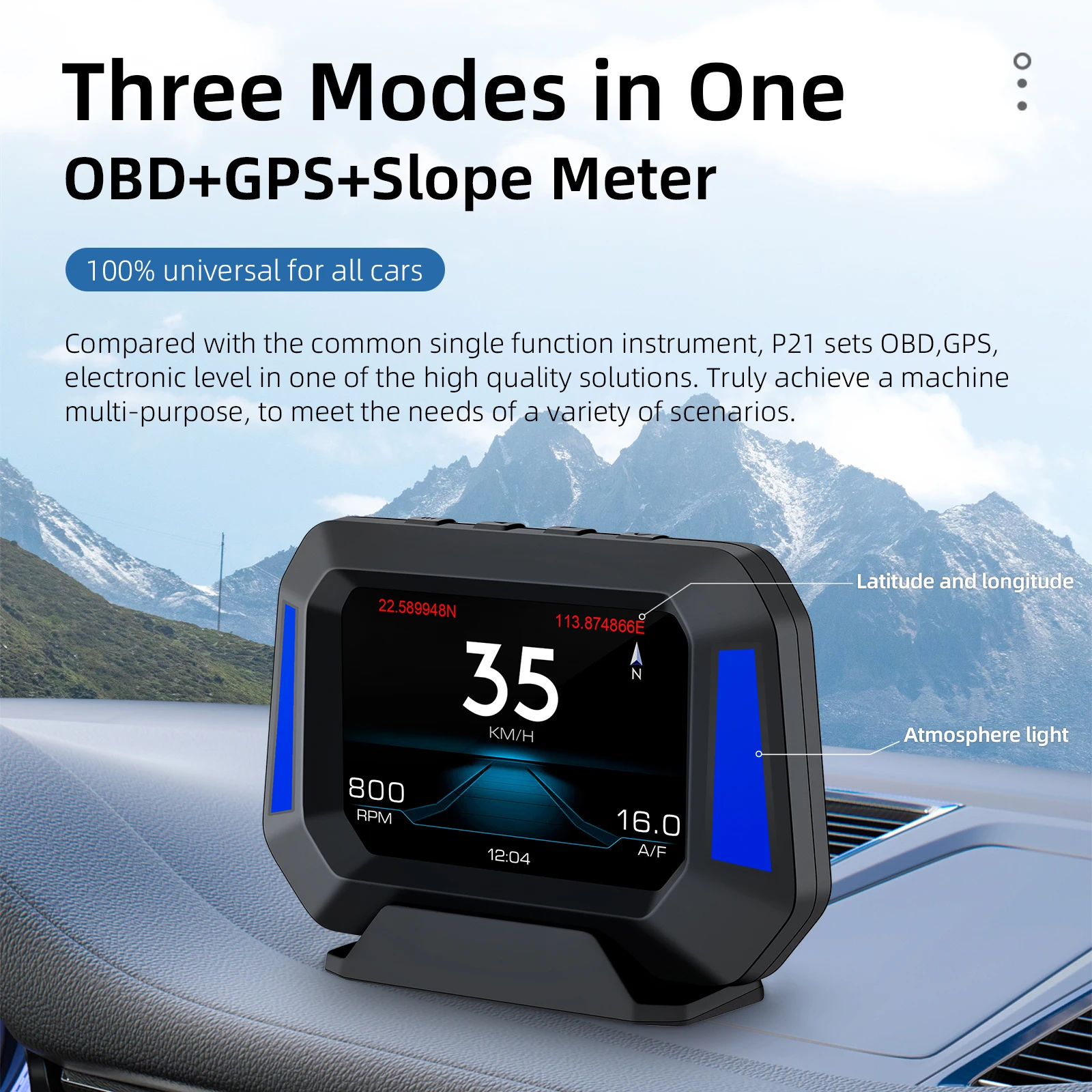 Cool Breathing Ambient Light Car Head-up Display Speed OBD2+GPS+Slope Meter 12 Language LCD Water Temp Fuel Consumption etc. HUD