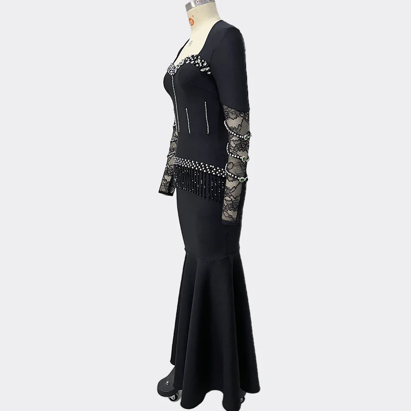 ผู้หญิงนิลสีดําแขนยาวเอวชุดนางเงือก Cascading Beading SHEER ลูกไม้แขนชุดราตรีอย่างเป็นทางการ ​