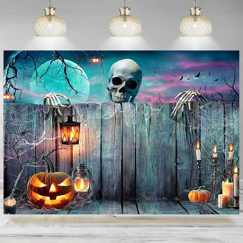 

Halloween Backdrop Skeleton Pumpkin Lantern Wooden Spooky Night Party Photography Background Ghost Party Decorations Banner