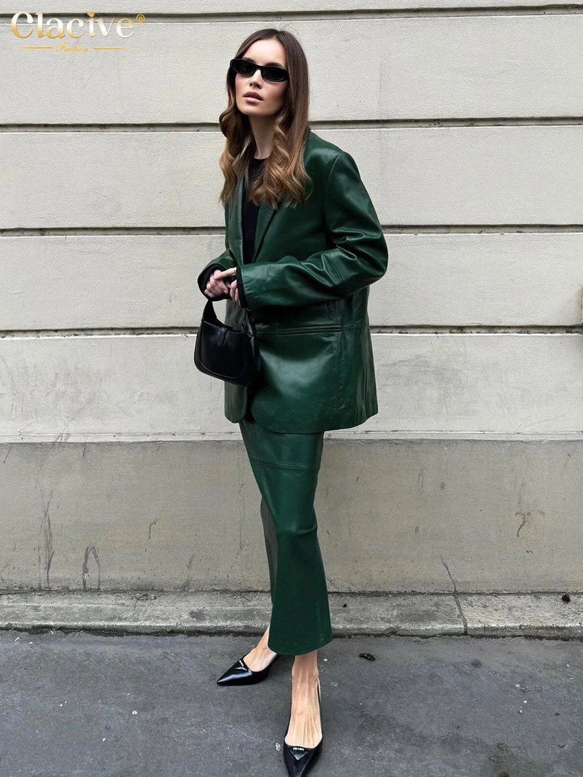 Clacive Fashion Loose Green Pu Leather 2 Piece Sets Women Outfit 2025 Elegant Long Sleeve Blazer With High Waist Long Skirt Set