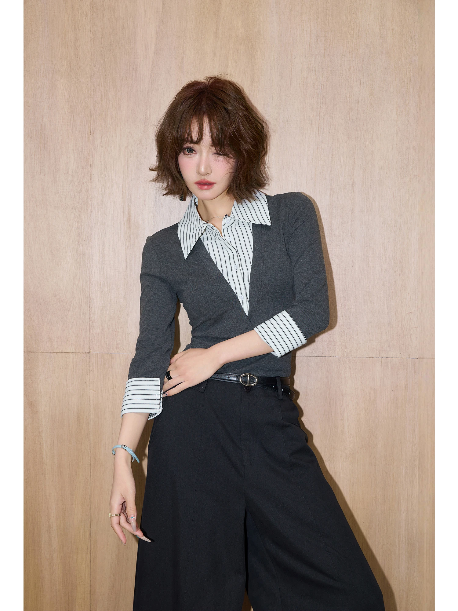 

MIUCO mat Stripe irt And Knitwear Slimming Commute Versatile Top Cotton Long Sve Turn-down Collar Regular Length