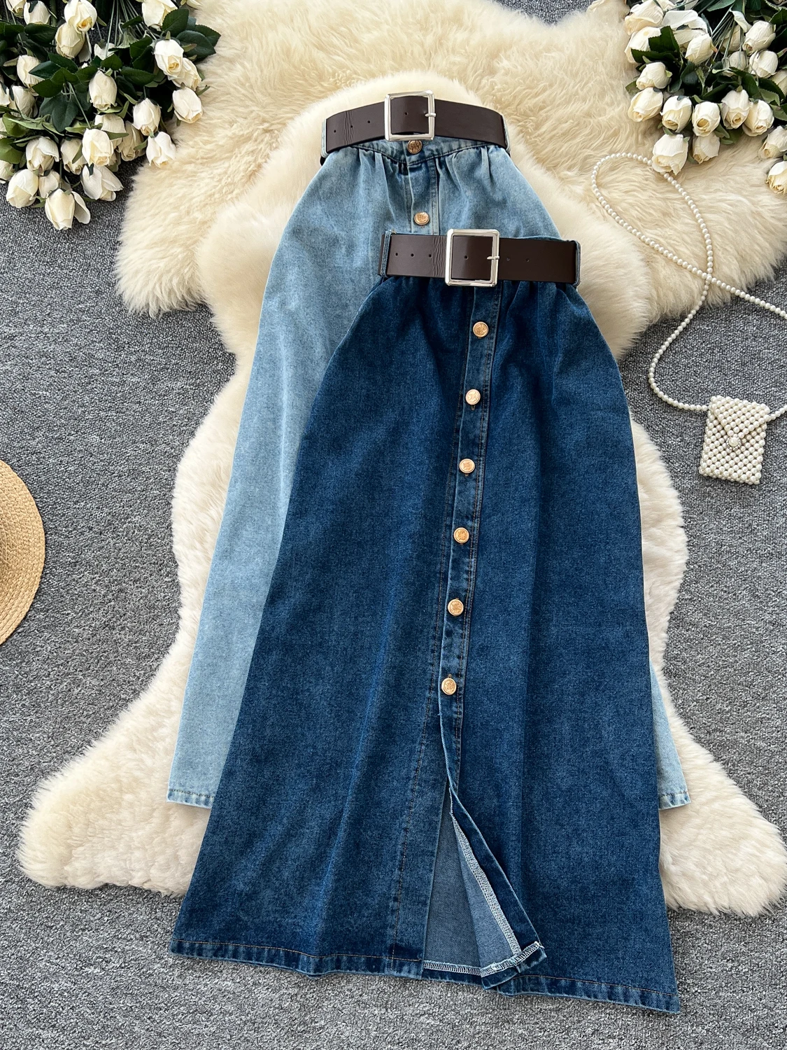 Retro Style A-Line Sexy Slit  Skirt Women's Summer Single Button Elastic Waist Hip Covering Long Skirt Denim Material