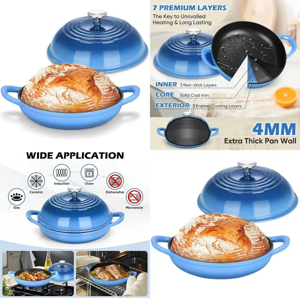 

Эмалированная чугунная голландская духовка, 5,5 кв. дюйма, для выпечки на ударе, прочные ручки, с антипригарным покрытием, безопасная для духовки до 500 ° F, Синий