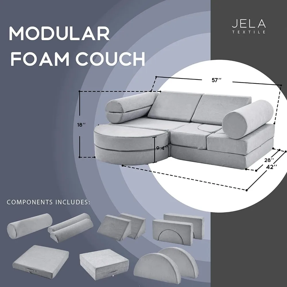 14PCS Floor Sofa Modular Furniture for Adults, Playhouse Play Set for Toddlers Babies, Moonlight Grey Foam Play Couch