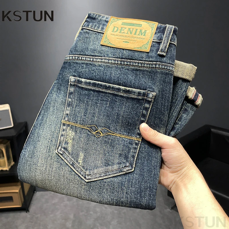 

KSTUN весенне-осенние джинсы для мужчин, тонкая прямая уличная одежда, качественные брендовые мужские брюки из Европы и Америки, эластичные джинсовые брюки