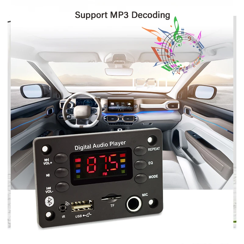 DC 5V 12V Bluetooth 5.0 MP3 WMA WAV APE Decoder Board Hands-free Car Audio Microphone USB TF FM Radio Mp3 Music Player Speaker