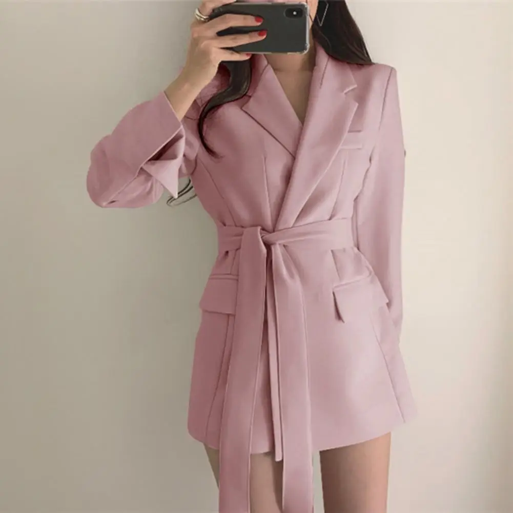 Classic Lapel Suit Coat Simple Design Mid-length Suit Coat Elegant Lace-up Waist Suit Jacket for Business Outwear for Spring