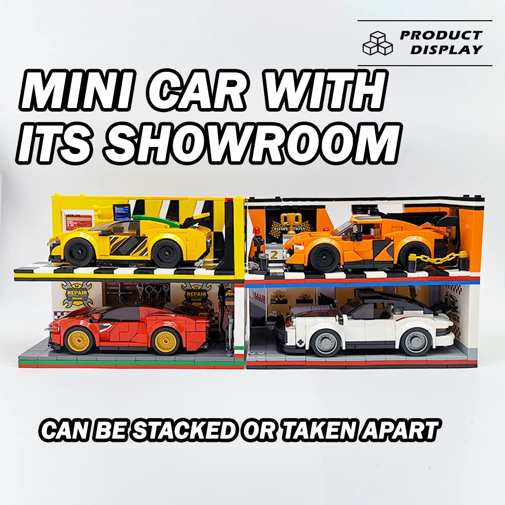 Technical Sport Car Storage Building Blocks Model Parking Lot Small Showroom Bricks High-Tech Modular Plastic Toys For Kid Gifts